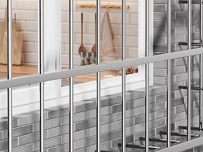 White Frame Window With Metal Grille Overlooking Kitchen Wooden Countertop Hanging Utensils Gray Brick Wall 3d model