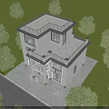 Two Story Detached Villa With Gray Exterior Black Roof Brown Arched Door And Green Lawn