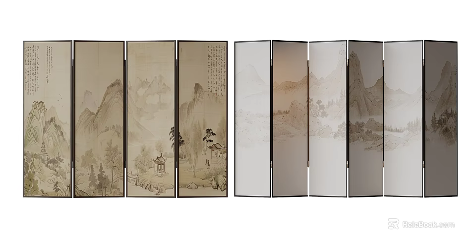 Traditional And Modern Folding Screens With Landscape Paintings And Transparent Panels For Home Decor 3d model 