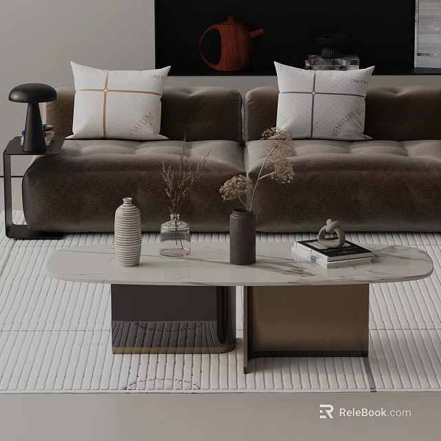 Modern Brown Sofa With Geometric Pillows And Oval Marble Top Coffee Table Set 3d model 