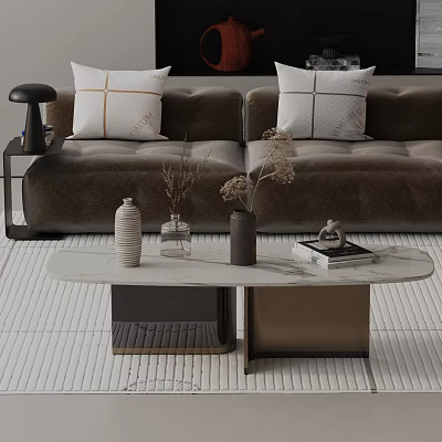 Modern Brown Sofa With Geometric Pillows And Oval Marble Top Coffee Table Set 3d model