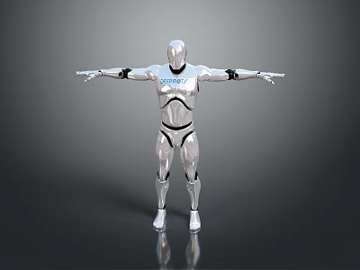 Game Movie Character Silver Robot With CyberNation Logo On Chest And Outstretched Arms 3d model