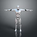 Game Movie Character Silver Robot With CyberNation Logo On Chest And Outstretched Arms