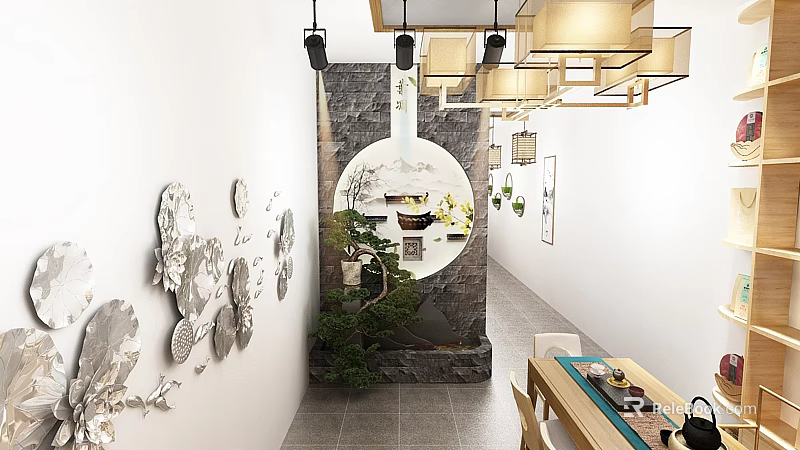 Traditional Chinese Style Store Interior With Circular Window Wall Decorations Potted Plants And Tea Sets 3d model 