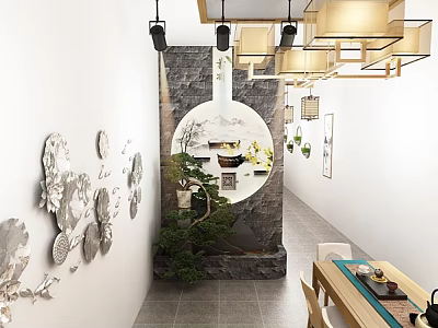 Traditional Chinese Style Store Interior With Circular Window Wall Decorations Potted Plants And Tea Sets 3d model