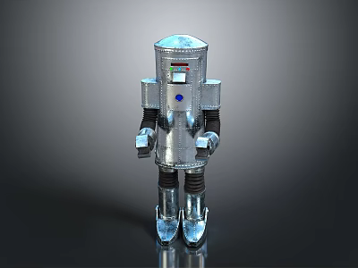 Silver Metallic Robot Character Featuring Blue Eye Jointed Arms And Legs Design 3d model