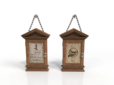 Vintage Wooden Hanging Cases With Chain Supports And Decorative Front Panels 3d model