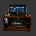 Entertainment TV Stand Setup With TV Game Controller Console And Blu ray Discs