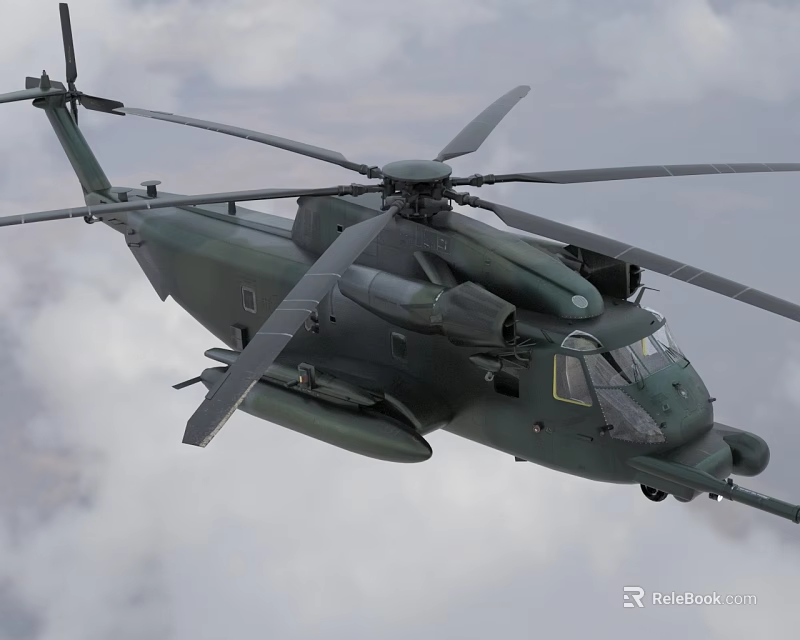 Military Helicopter Airborne in Cloudy Sky with Spinning Rotors and Aerodynamic Fuselage 3d model 