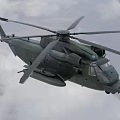 Military Helicopter Airborne in Cloudy Sky with Spinning Rotors and Aerodynamic Fuselage