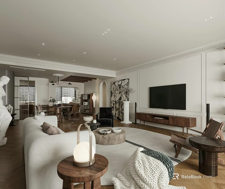 Modern Elegant Living Dining Room Interior With White Sofa TV Wall Dining Table And Decorations 3d model 