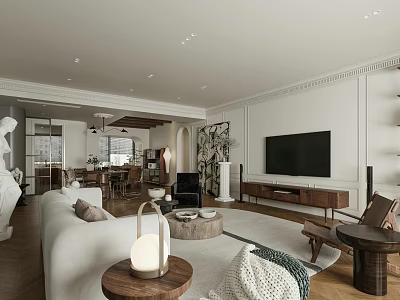 Modern Elegant Living Dining Room Interior With White Sofa TV Wall Dining Table And Decorations 3d model