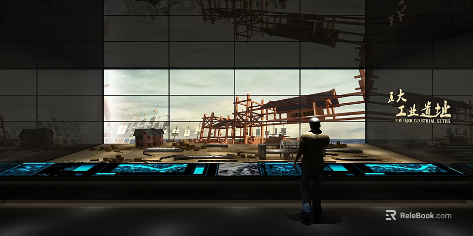 Person At Exhibition Display With Models Blue Glowing Screens And Backdrop Screen Showing Construction Framework 3d model 