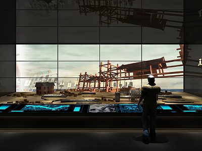 Person At Exhibition Display With Models Blue Glowing Screens And Backdrop Screen Showing Construction Framework 3d model