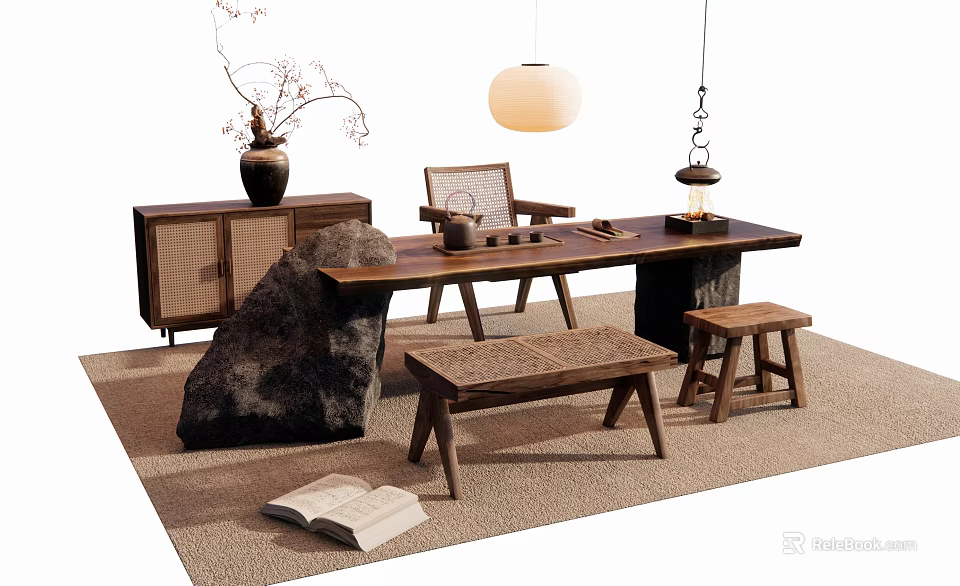Natural Zen Style Solid Wood Tea Table with Chairs Bench Pendant Light and Decorative Elements 3d model