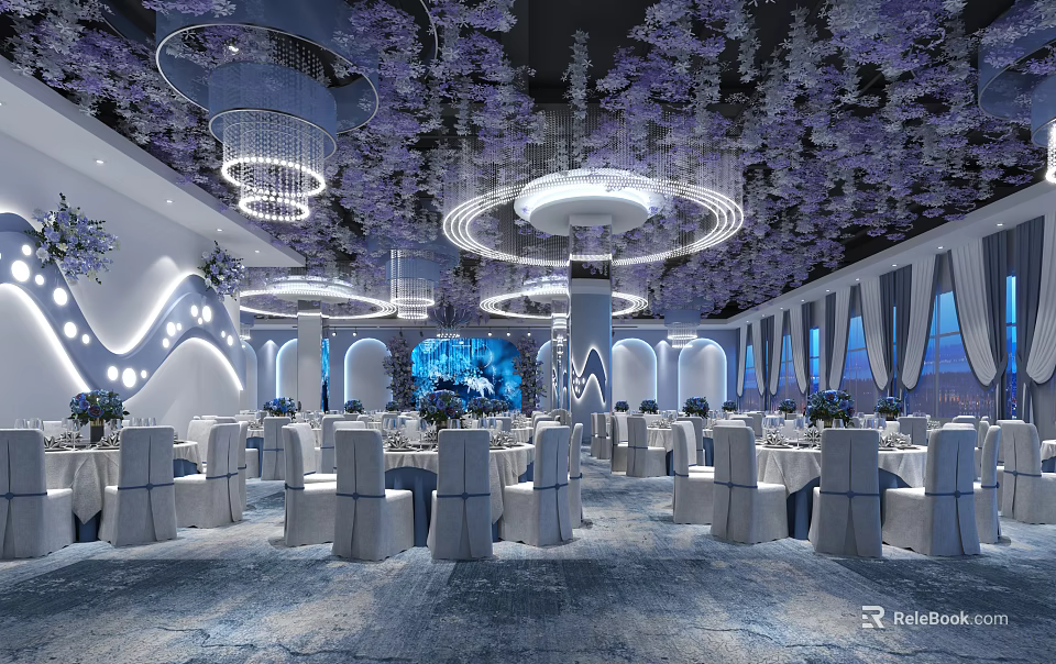 Elegant Banquet Hall With Purple Floral Decorations Chandeliers White Chairs And Tables 3d model 