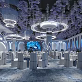 Elegant Banquet Hall With Purple Floral Decorations Chandeliers White Chairs And Tables