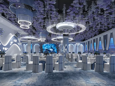 Elegant Banquet Hall With Purple Floral Decorations Chandeliers White Chairs And Tables 3d model