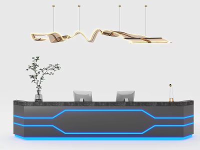 Modern Reception Desk With Black Countertop Blue LED Lighting And Curved Gold Pendant Light 3d model