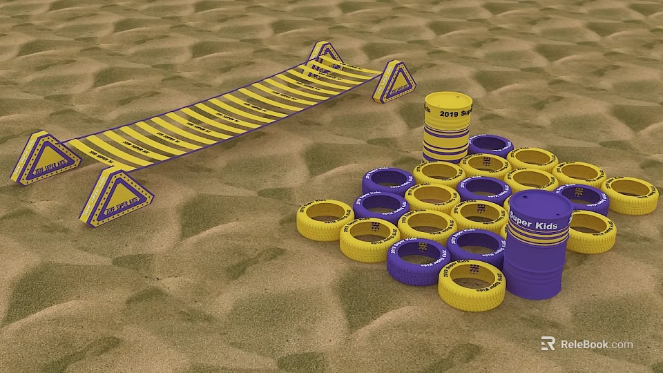 Colorful Playground Equipment with Yellow Purple Tires Triangular Markers and Ramp on Sand Surface 3d model 