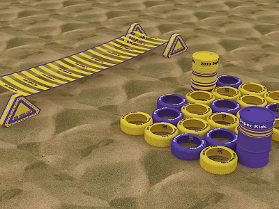 Colorful Playground Equipment with Yellow Purple Tires Triangular Markers and Ramp on Sand Surface 3d model