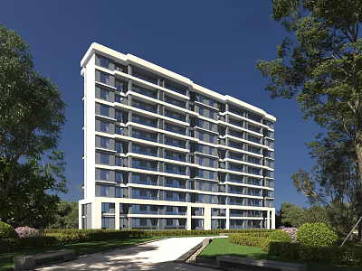 Modern High Rise Residential Building with Lush Green Trees Lawns White Exterior and Windows 3d model