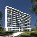 Modern High Rise Residential Building with Lush Green Trees Lawns White Exterior and Windows
