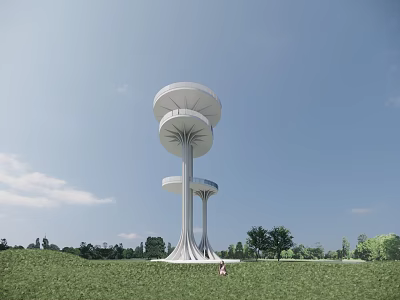 Modern White Observation Deck With Multi level Structure Green Grass And Trees 3d model
