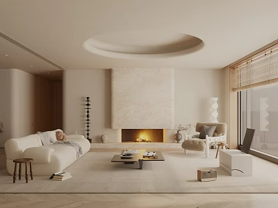 Modern Living Room With Beige Sofa Round Ceiling Stone Fireplace Floor-to-Ceiling Windows And Wooden Floors 3d model