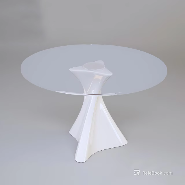 Modern Round Dining Table With Transparent Glass Top And Unique White Geometric Base 3d model 