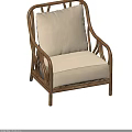Wooden Frame Lounge Chairs With Curved Arms And Beige Cushioned Seats
