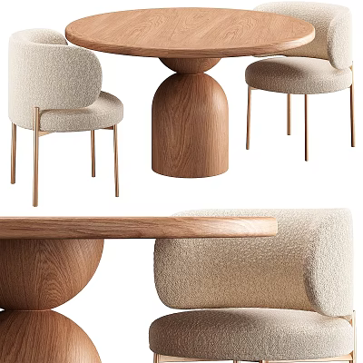 Minimalist Wooden Dining Table Set With Beige Upholstered Chairs And Natural Wood Legs 3d model