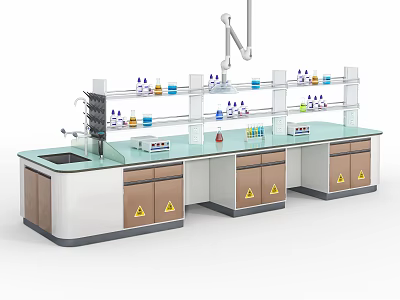 Well Equipped Laboratory Workbench With Shelves Chemical Reagents Sink Cabinets And Hazard Signs 3d model