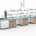 Well Equipped Laboratory Workbench With Shelves Chemical Reagents Sink Cabinets And Hazard Signs