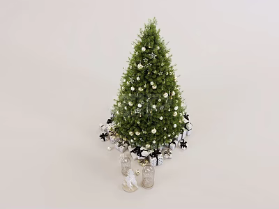 Green Festive Christmas Tree Decorated With White Balls Black Stars And Glass Jars With Figurines 3d model