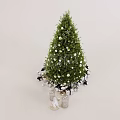 Green Festive Christmas Tree Decorated With White Balls Black Stars And Glass Jars With Figurines