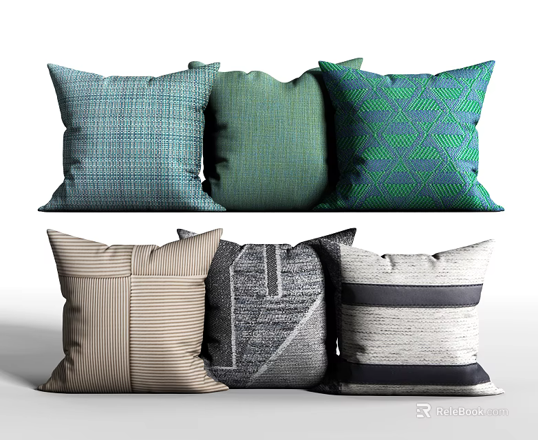 Decorative Throw Pillows in Blue Green Beige Grey with Diverse Patterns and Textures 3d model