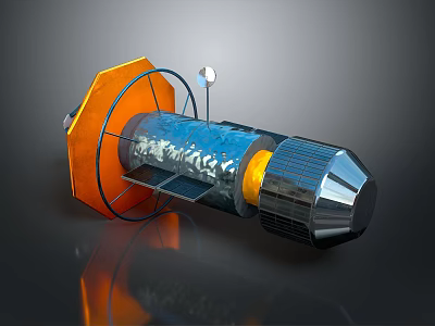 Orange Octagonal Mechanical Device Featuring Blue Cylindrical Structure Silver Interior And Black Conical Tail 3d model