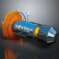 Orange Octagonal Mechanical Device Featuring Blue Cylindrical Structure Silver Interior And Black Conical Tail
