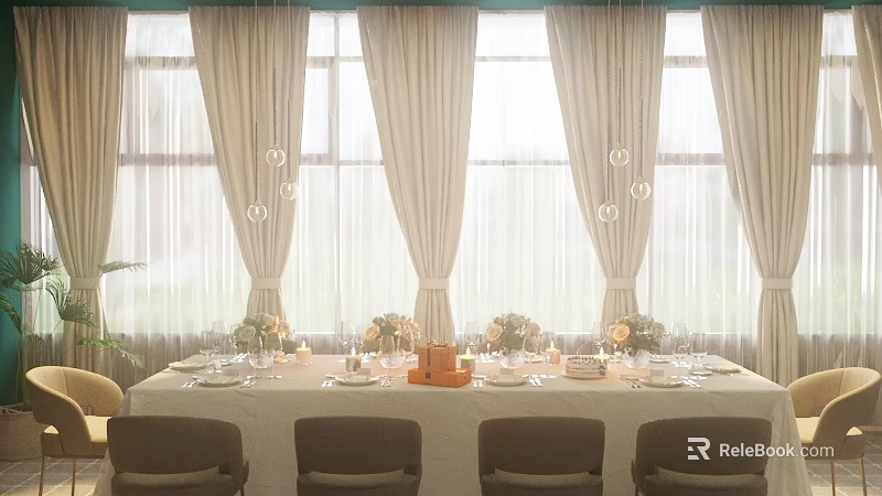 Elegant Banquet Hall With Large Windows Beige Curtains Glass Pendant Lights And Dining Table Settings 3d model 
