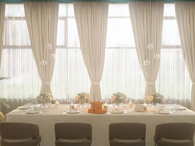 Elegant Banquet Hall With Large Windows Beige Curtains Glass Pendant Lights And Dining Table Settings 3d model