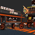 SEEPING YOU Exhibition Booth Design Orange Black Theme Central Smiley Logo Display Counters Tables Chairs