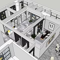 Modern Public Office Space With Open Layout Desks Computers And Flower Decorations 3d model
