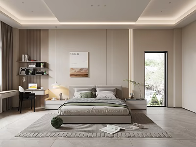 Modern Bedroom Interior With Bed Nightstand Rug Desk Chair And Wall Art 3d model