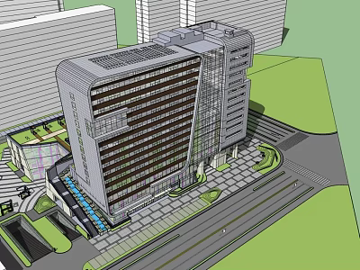 Modern Office Building With Glass Facade Green Landscaping And Urban Road Features 3d model