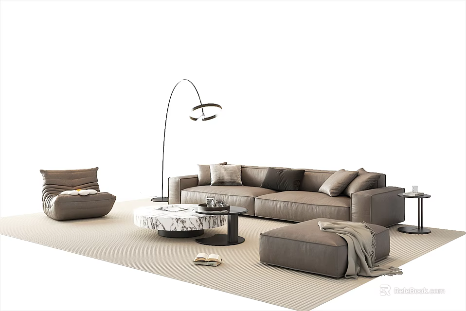 Modern Stylish Sofa And Coffee Table Set With Gray Upholstery Ottoman Floor Lamp And Armchair 3d model 