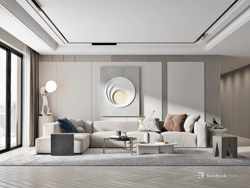 Elegant Modern Living Room Interior With Comfortable Sofa Decorative Pillows Coffee Table And Round Mirror 3d model 