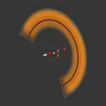 Red And White Spacecraft Flying Through Orange Cosmic Ring With Small Particles