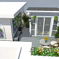 Beautiful Roof Garden with Green Plants Flower Baskets Wooden Floor Bench and Lantern Light
