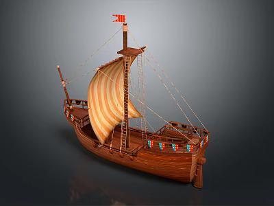 Wooden Sailing Ship With Striped Sail And Colorful Flags On Deck Decoration 3d model
